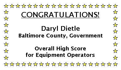 Text Box: CONGRATULATIONS!Daryl DietleBaltimore County, GovernmentOverall High Score for Equipment Operators