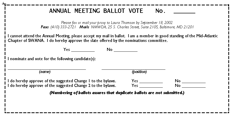 Text Box:       ANNUAL MEETING BALLOT VOTE   No.  ______Please fax or mail your proxy to Laura Thomson by September 18, 2002 Fax:  (410) 333-2721   Mail:  NMWDA, 25 S. Charles Street, Suite 2105, Baltimore, MD 21201I cannot attend the Annual Meeting, please accept my mail in ballot.  I am a member in good standing of the Mid-Atlantic Chapter of SWANA.  I do hereby approve the slate offered by the nominations committee.	              									Yes __________		No __________I nominate and vote for the following candidate(s):_________________________________	           ___________________________                          (name)                                                                    (position)I do hereby approve of the suggested Change 1 to the bylaws.			Yes __________ 		No __________I do hereby approve of the suggested Change 2 to the bylaws.			Yes __________		No __________(Numbering of ballots assures that duplicate ballots are not submitted.)